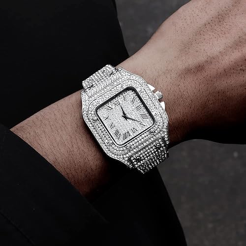 3PC Necklace +Watch+Bracelet Hip Hop Miami Curb Cuban Link Chain Silver Color Full Iced Out Paved Rhinestones CZ for Men Watches Jewelry Set