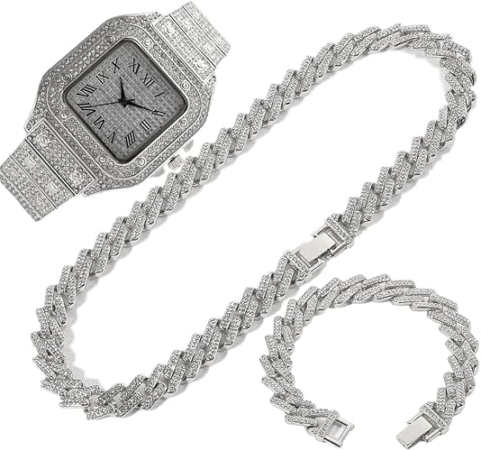 3PC Necklace +Watch+Bracelet Hip Hop Miami Curb Cuban Link Chain Silver Color Full Iced Out Paved Rhinestones CZ for Men Watches Jewelry Set