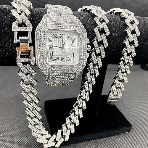 3PC Necklace +Watch+Bracelet Hip Hop Miami Curb Cuban Link Chain Silver Color Full Iced Out Paved Rhinestones CZ for Men Watches Jewelry Set