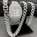 3PC Necklace +Watch+Bracelet Hip Hop Miami Curb Cuban Link Chain Silver Color Full Iced Out Paved Rhinestones CZ for Men Watches Jewelry Set