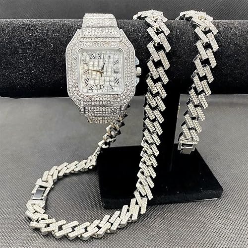 3PC Necklace +Watch+Bracelet Hip Hop Miami Curb Cuban Link Chain Silver Color Full Iced Out Paved Rhinestones CZ for Men Watches Jewelry Set